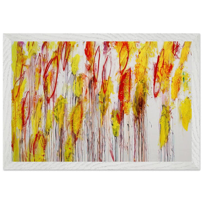 Lepanto, Part I by Cy Twombly framed art print; featuring vivid yellow and golden-orange brushstrokes, fiery red accents, delicate pink marks; size 50 × 70 cm (20 × 28 in); black frame.