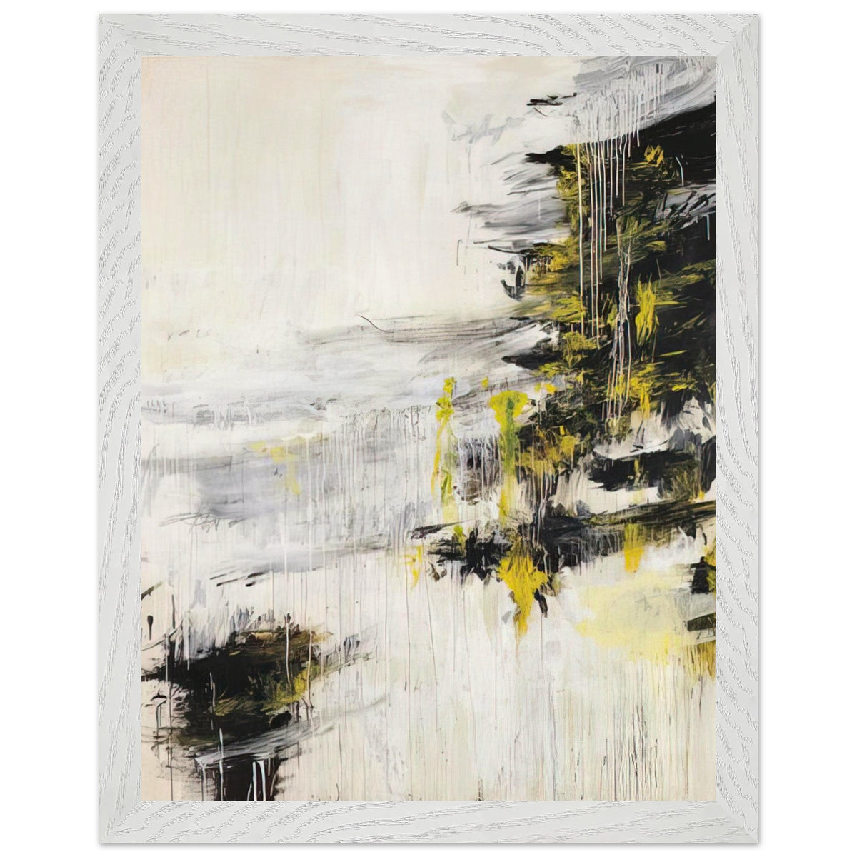 Quattro Stagioni II. Inverno by Cy Twombly, framed art print, bold black brushstrokes, flowing white and gray paint, 27x35 cm (11x14 in), wood frame