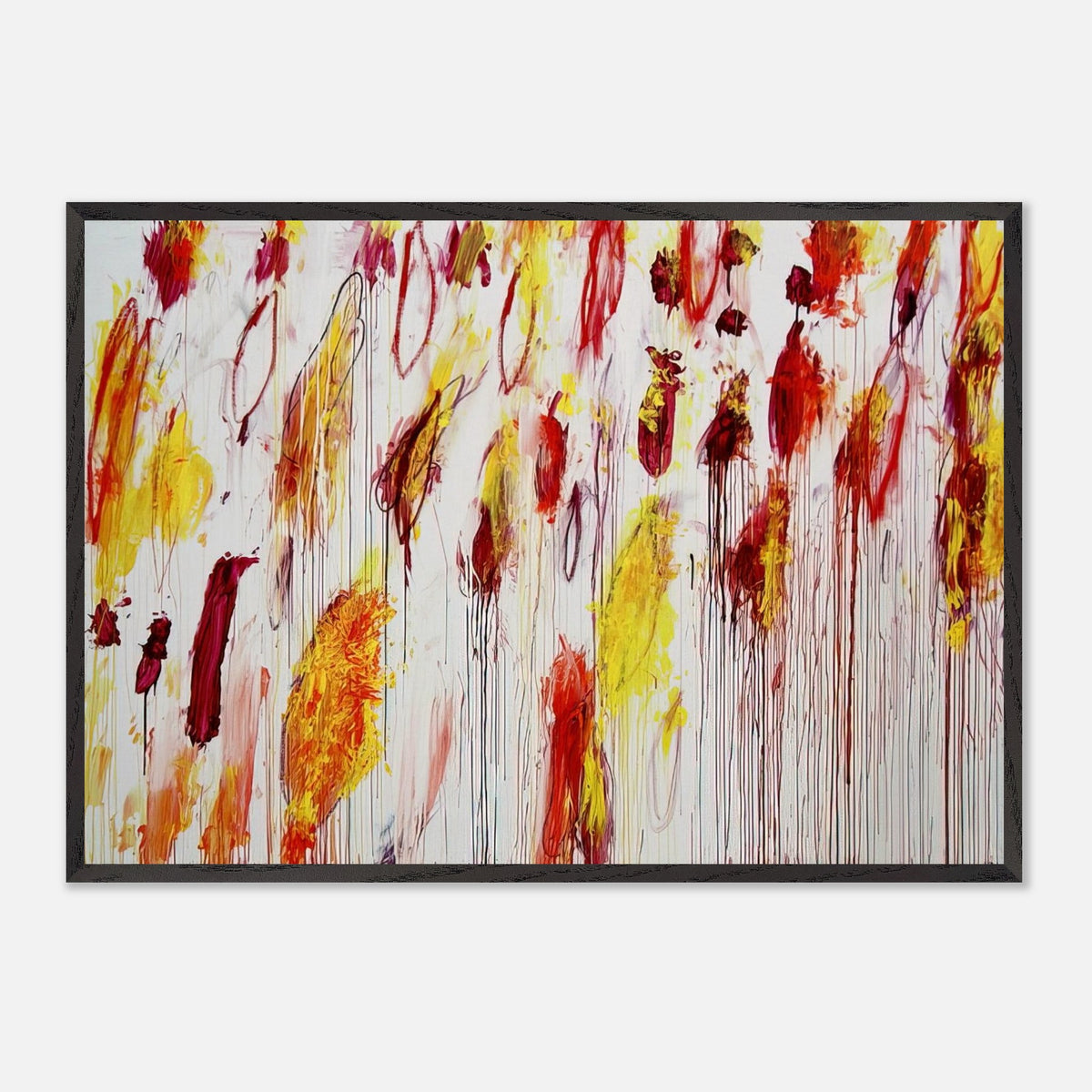 Lepanto, Part IV by Cy Twombly framed art print; featuring vivid yellow and golden-orange pigments, fiery red and crimson brushstrokes, delicate pink accents.