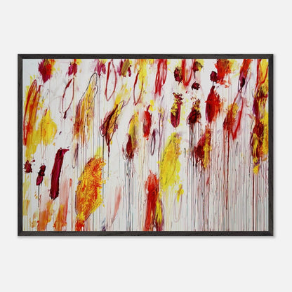 Lepanto, Part IV by Cy Twombly framed art print; featuring vivid yellow and golden-orange pigments, fiery red and crimson brushstrokes, delicate pink accents.