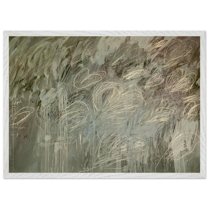 III Notes from Salalah (Note II) by Cy Twombly framed art print; featuring intricate ivory and pale gray looping lines across a richly layered background of muted olive green, gray; size 800 × 1200 mm (32 × 48 in); wood frame.
