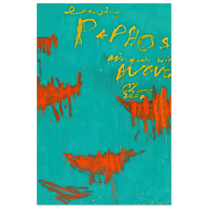 Leaving Paphos Ringed with Waves by Cy Twombly, poster, 20x25 cm / 8x10″; a rich turquoise background with energetic orange-red boat-like shapes and spontaneous yellow handwritten lettering