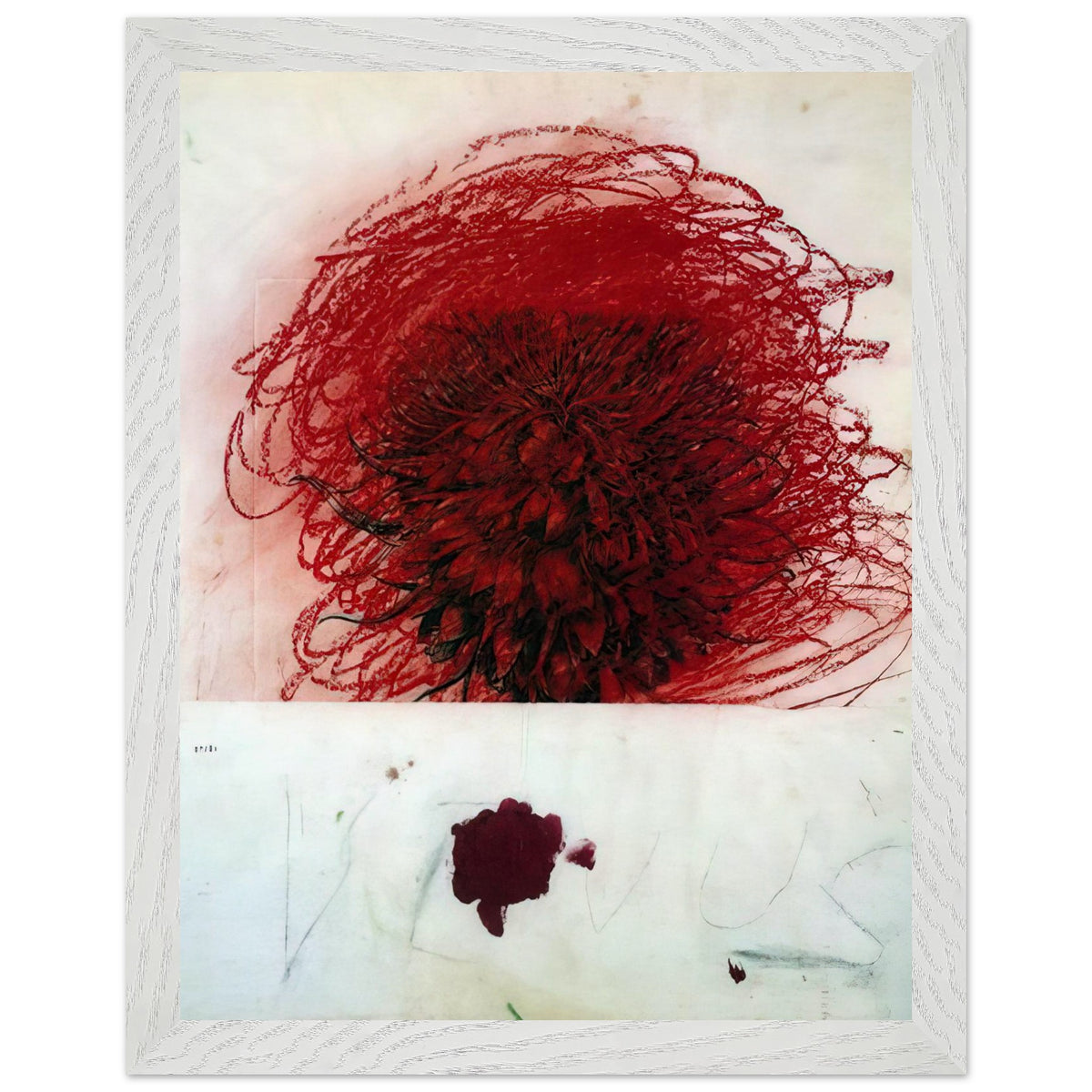 Pan II by Cy Twombly, framed art print, dense red and crimson form, surrounded by sweeping dark strokes and, 40x50 cm (16x20 in), black frame