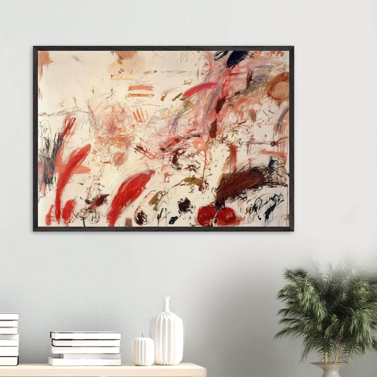 Ferragosto IV by Cy Twombly framed art print; featuring energetic red and pink brushstrokes, sweeping lines, layered marks, and contrasting accents of orange, brown.
