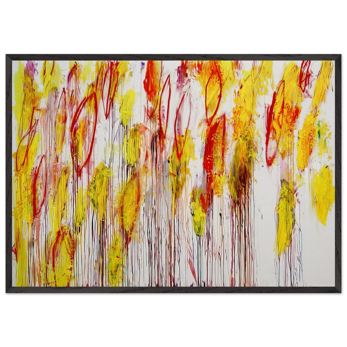 Lepanto, Part I by Cy Twombly framed art print; featuring vivid yellow and golden-orange brushstrokes, fiery red accents, delicate pink marks; size 800 × 1200 mm (32 × 48 in); white frame.