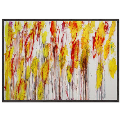 Lepanto, Part I by Cy Twombly framed art print; featuring vivid yellow and golden-orange brushstrokes, fiery red accents, delicate pink marks; size 800 × 1200 mm (32 × 48 in); white frame.