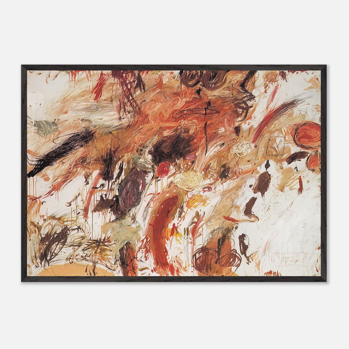 Ferragosto V by Cy Twombly framed art print; featuring energetic brushstrokes, layered pigments, and spontaneous gestures in shades of rust red, burnt orange.