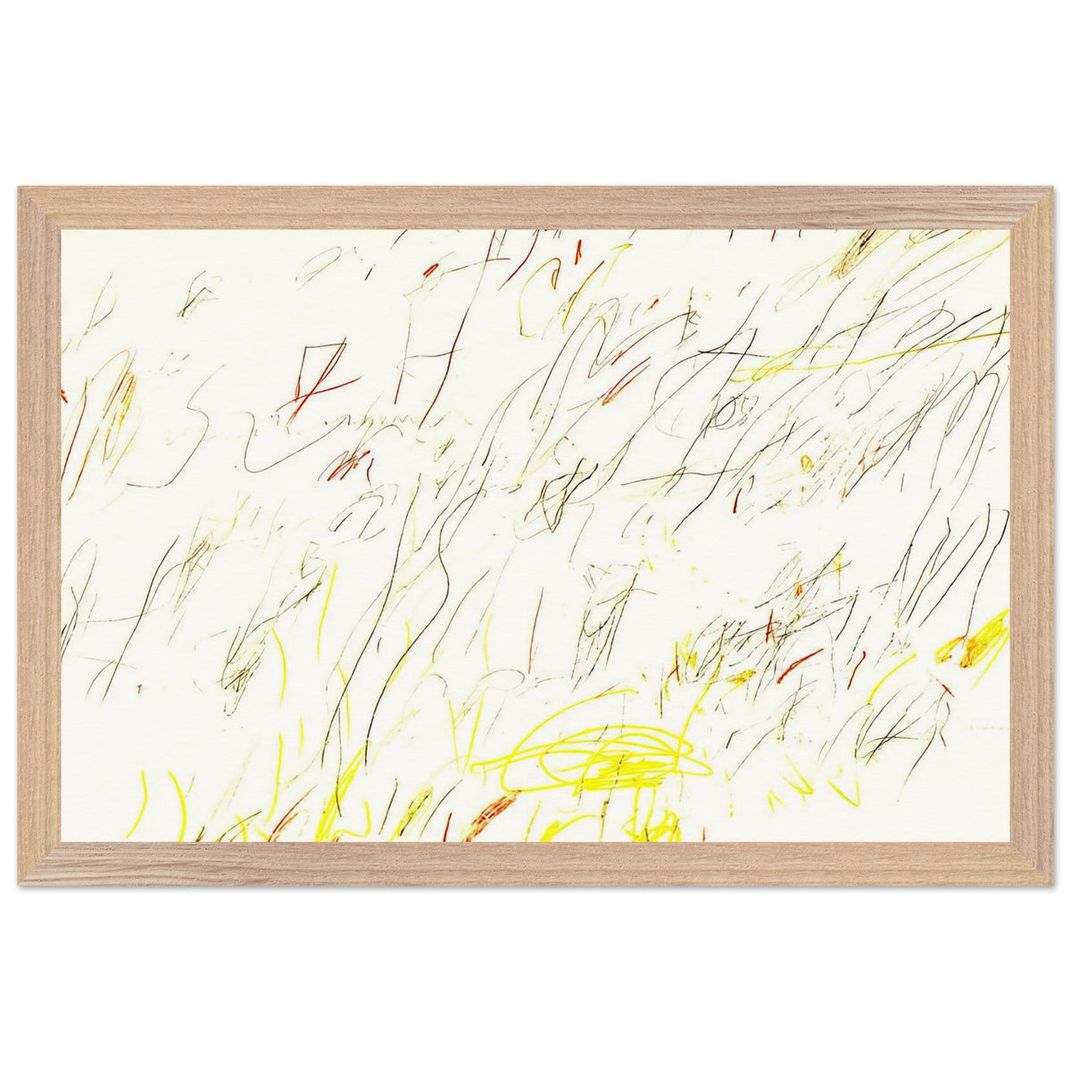Blue Room by Cy Twombly framed art print; featuring delicate, spontaneous scribbles and gestural lines in shades of black, red, orange; size 800 × 1200 mm (32 × 48 in); wood frame.