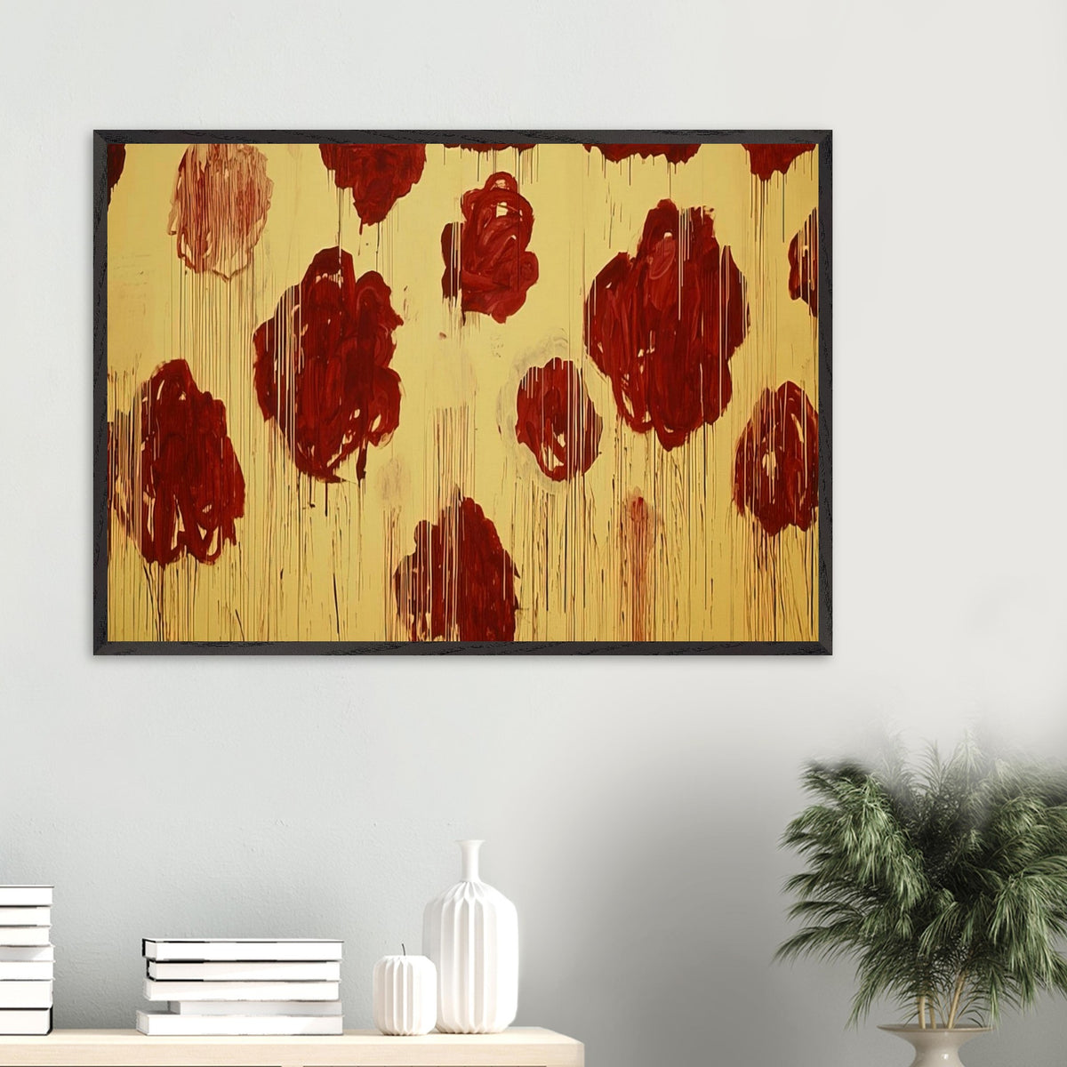Untitled (Blooming, A Scattering of Blossoms & Other Things) by Cy Twombly framed art print; featuring vivid crimson-red and deep burgundy blossoms scattered across a luminous golden-yellow background.