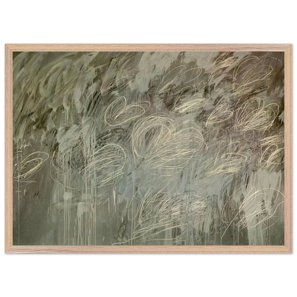 III Notes from Salalah (Note II) by Cy Twombly framed art print; featuring intricate ivory and pale gray looping lines across a richly layered background of muted olive green, gray; size 30 × 45 cm (12 × 18 in); black frame.