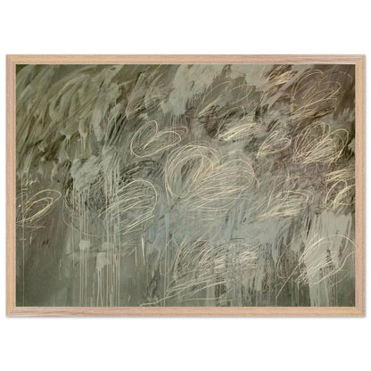 III Notes from Salalah (Note II) by Cy Twombly framed art print; featuring intricate ivory and pale gray looping lines across a richly layered background of muted olive green, gray; size 30 × 45 cm (12 × 18 in); black frame.