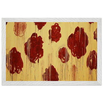 Untitled (Blooming, A Scattering of Blossoms & Other Things) by Cy Twombly framed art print; featuring vivid crimson-red and deep burgundy blossoms scattered across a luminous golden-yellow background; size 800 × 1200 mm (32 × 48 in); black frame.