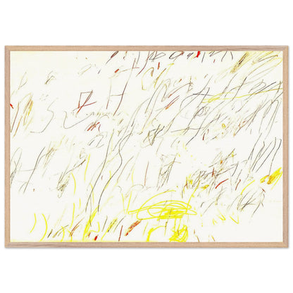 Blue Room by Cy Twombly framed art print; featuring delicate, spontaneous scribbles and gestural lines in shades of black, red, orange; size 60 × 90 cm (24 × 36 in); black frame.