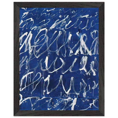Untitled by Cy Twombly, framed art print, deep blue ground covered with energetic white brushstrokes, looping, 50x70 cm (20x28 in), black frame