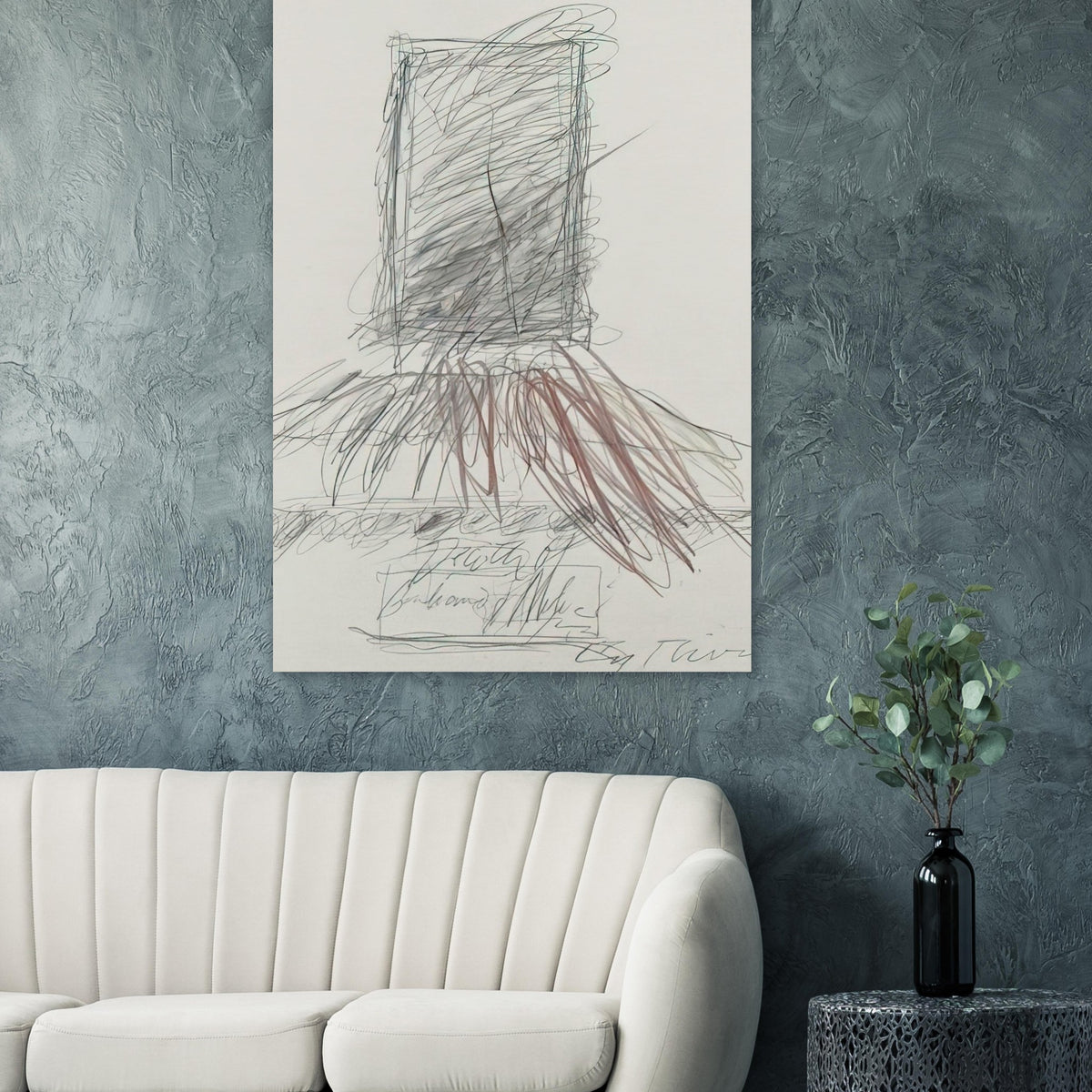 Untitled Abstract Drawing by Cy Twombly, poster; overlapping graphite lines, spontaneous scribbles, and sweeping gestures in subtle shades of gray, black, and muted reddish brown