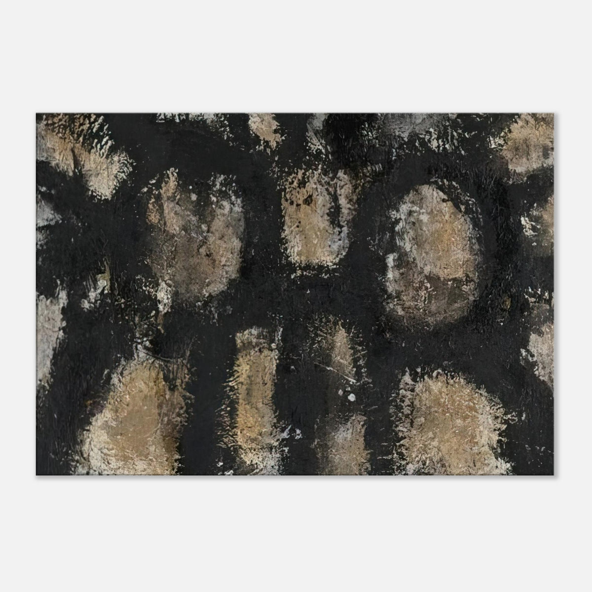 Myo by Cy Twombly canvas print: This striking composition features irregular ivory, beige, and earthy forms emerging from a deep….