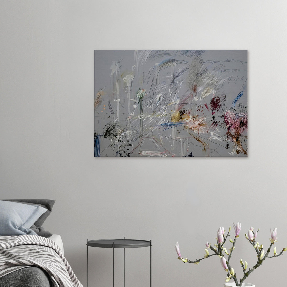 School of Athens by Cy Twombly canvas print: a muted gray background layered with spontaneous scribbles, energetic linear gestures….