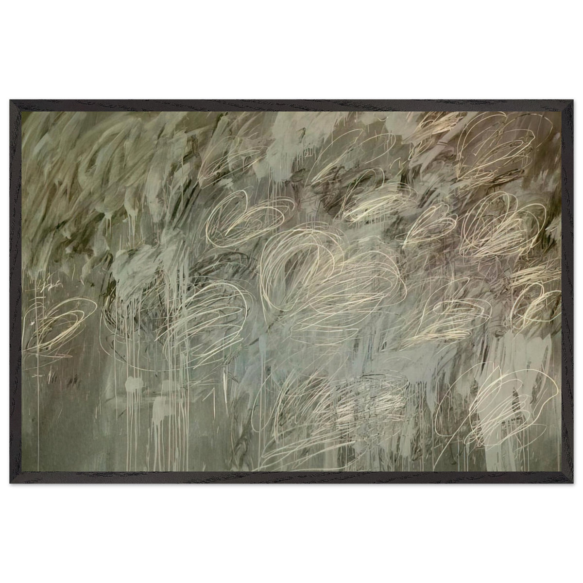 III Notes from Salalah (Note II) by Cy Twombly framed art print; featuring intricate ivory and pale gray looping lines across a richly layered background of muted olive green, gray; size A1 (59.4 × 84.1 cm); black frame.