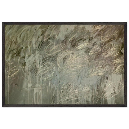III Notes from Salalah (Note II) by Cy Twombly framed art print; featuring intricate ivory and pale gray looping lines across a richly layered background of muted olive green, gray; size A1 (59.4 × 84.1 cm); black frame.