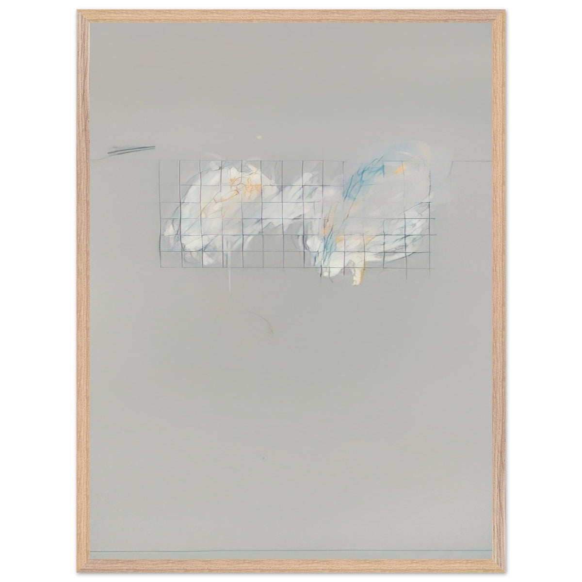 Nine Discourses on Commodus, Part I by Cy Twombly, framed art print, 27x35 cm / 11x14″, Wood frame; a muted gray background, a delicate grid of intersecting lines