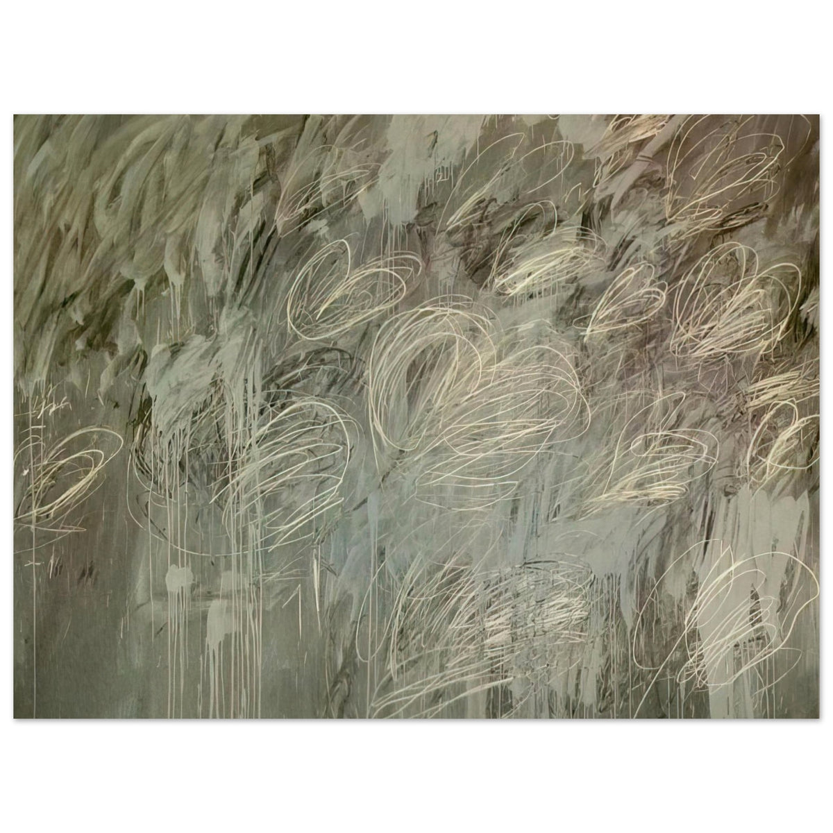 III Notes from Salalah (Note II) by Cy Twombly poster, A0 (84.1 × 118.9 cm): This expressive composition features a layered gray-green background covered with delicate ivory and pale….