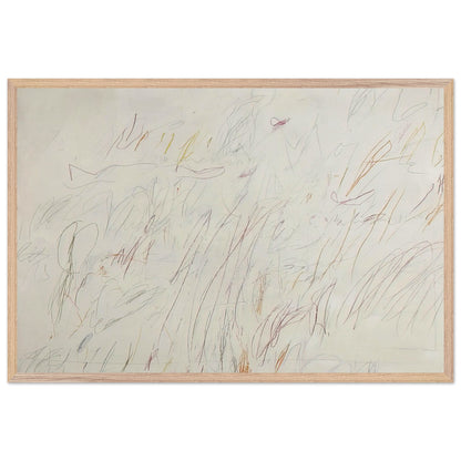 Sunset by Cy Twombly framed art print; featuring a soft ivory background covered with delicate pencil marks, flowing curves, spontaneous scribbles; size 70 × 100 cm (28 × 40 in); black frame.