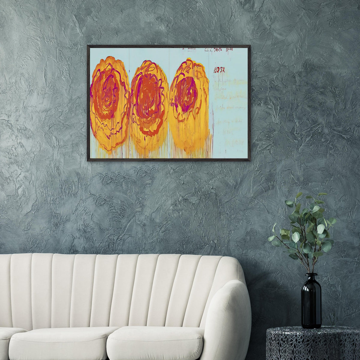 The Rose (I) by Cy Twombly framed art print; featuring three large, abstract rose forms painted in radiant golden yellow, fiery orange, deep red.