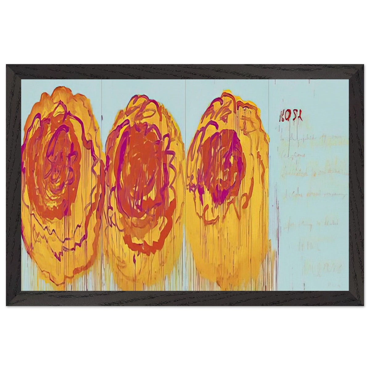 The Rose (I) by Cy Twombly framed art print; featuring three large, abstract rose forms painted in radiant golden yellow, fiery orange, deep red; size 800 × 1200 mm (32 × 48 in); wood frame.