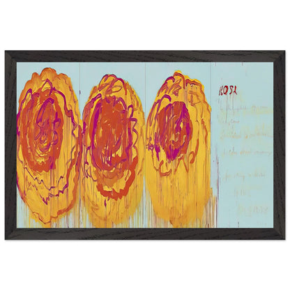 The Rose (I) by Cy Twombly framed art print; featuring three large, abstract rose forms painted in radiant golden yellow, fiery orange, deep red; size 800 × 1200 mm (32 × 48 in); wood frame.