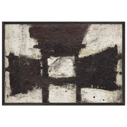 Zyig by Cy Twombly framed art print; featuring bold black and dark brown geometric forms against a textured ivory background; size 60 × 90 cm (24 × 36 in); wood frame.