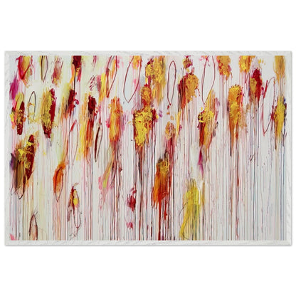 Lepanto, Part VIII by Cy Twombly framed art print; featuring vivid golden-yellow and orange brushstrokes, deep crimson and burgundy accents, delicate pink marks; size 28 × 43 cm (11 × 17 in); black frame.
