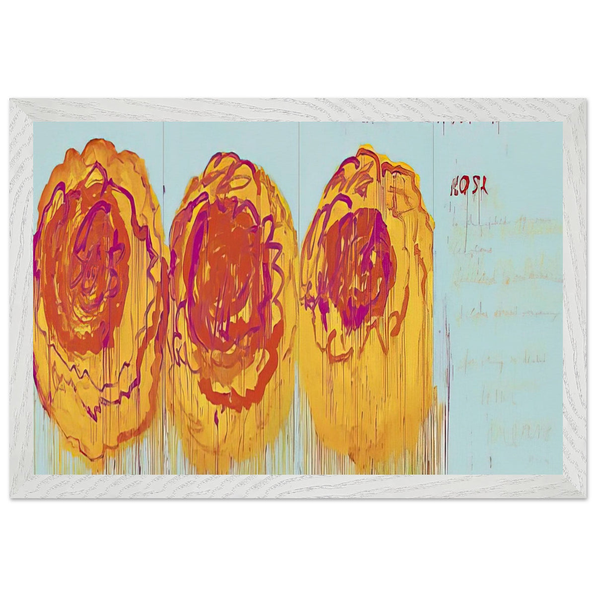The Rose (I) by Cy Twombly framed art print; featuring three large, abstract rose forms painted in radiant golden yellow, fiery orange, deep red; size A1 (59.4 × 84.1 cm); black frame.
