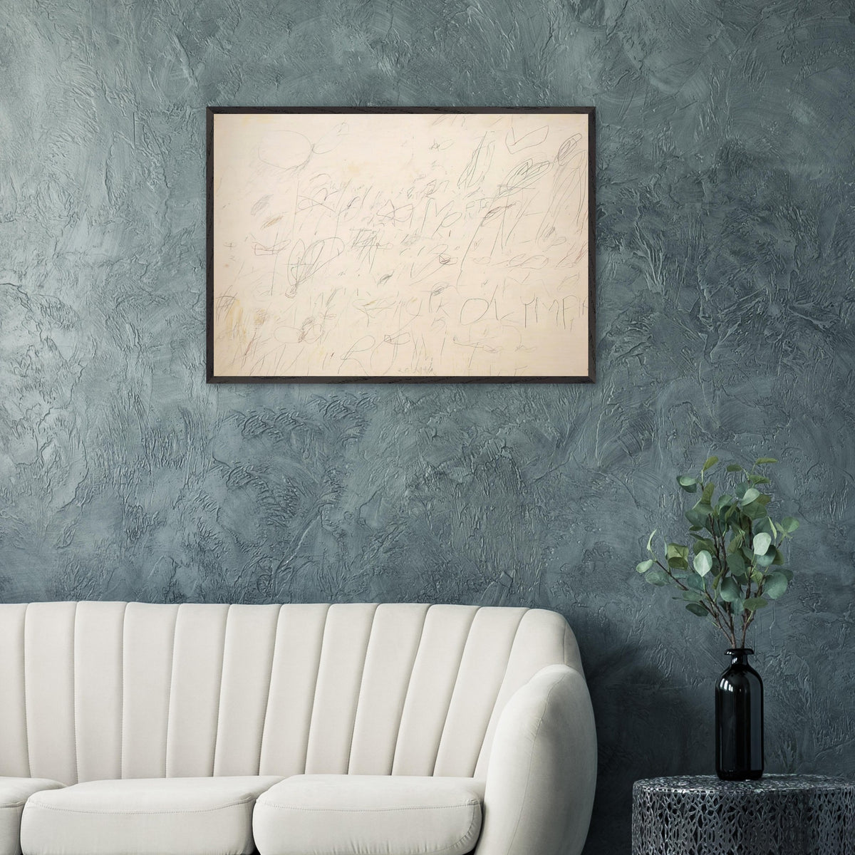 Olympia by Cy Twombly framed art print; featuring a warm ivory and pale cream background covered with delicate pencil-like lines, overlapping scribbles.
