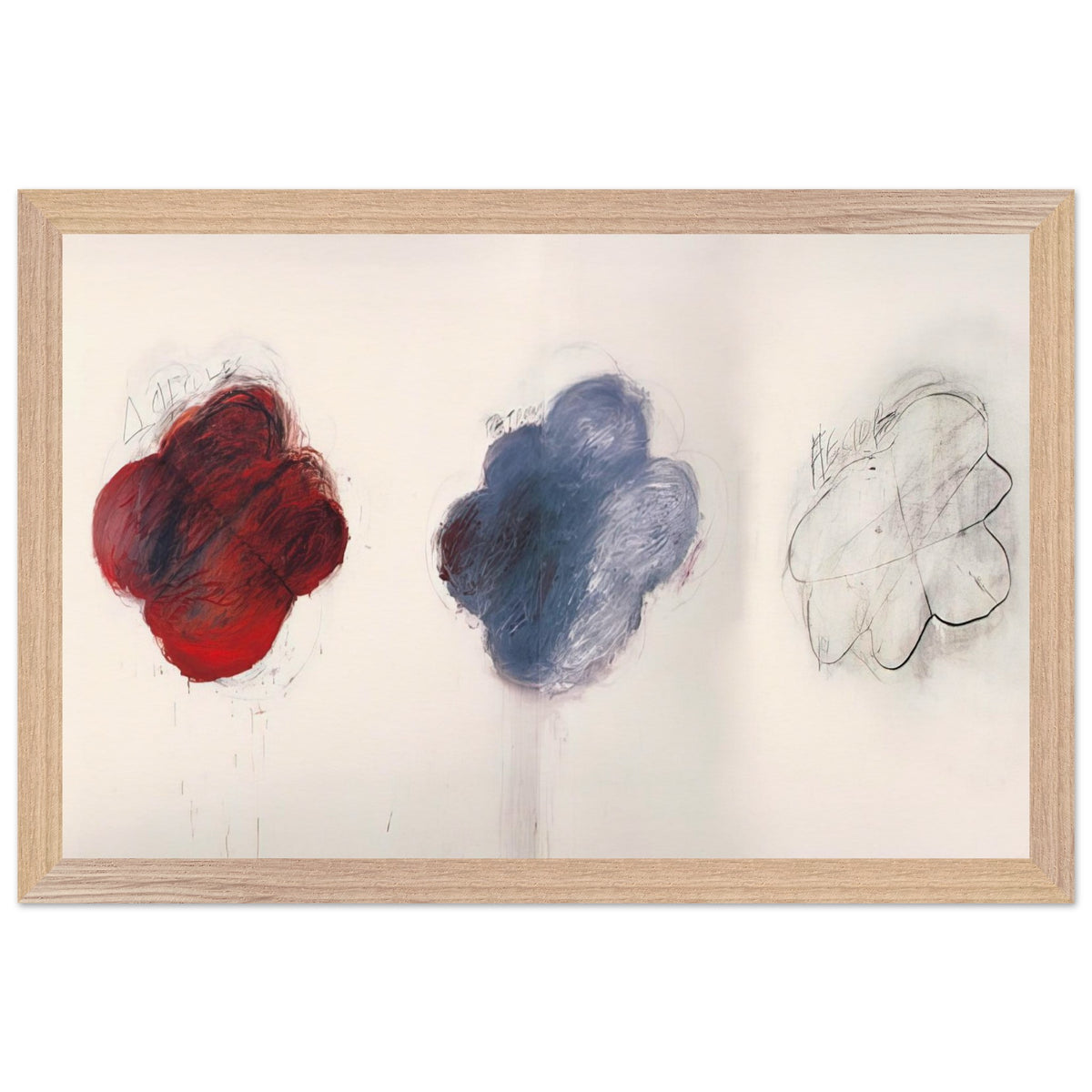 Fifty Days at Iliam: Shades of Achilles, Patroclus, and Hector by Cy Twombly framed art print; featuring three large, cloud-like forms arranged horizontally against a luminous ivory background; size 800 × 1200 mm (32 × 48 in); wood frame.