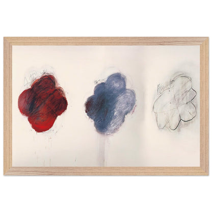 Fifty Days at Iliam: Shades of Achilles, Patroclus, and Hector by Cy Twombly framed art print; featuring three large, cloud-like forms arranged horizontally against a luminous ivory background; size 800 × 1200 mm (32 × 48 in); wood frame.