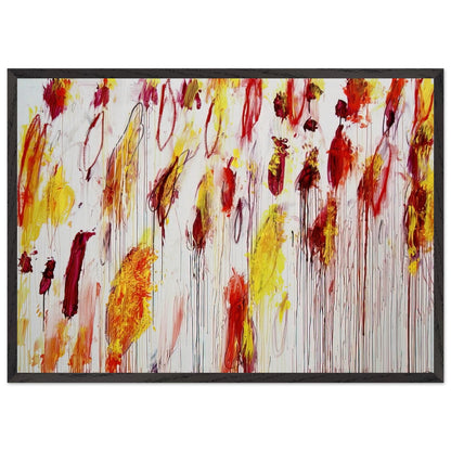 Lepanto, Part IV by Cy Twombly framed art print; featuring vivid yellow and golden-orange pigments, fiery red and crimson brushstrokes, delicate pink accents; size A1 (59.4 × 84.1 cm); black frame.