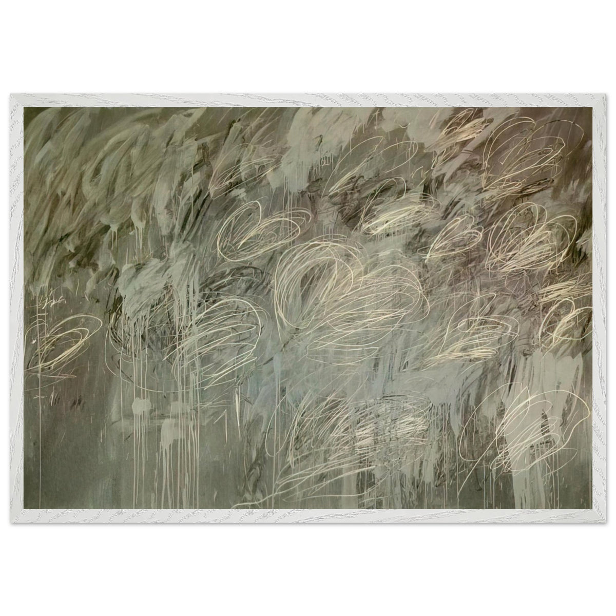 III Notes from Salalah (Note II) by Cy Twombly framed art print; featuring intricate ivory and pale gray looping lines across a richly layered background of muted olive green, gray; size 70 × 100 cm (28 × 40 in); white frame.