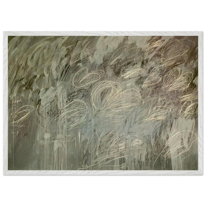III Notes from Salalah (Note II) by Cy Twombly framed art print; featuring intricate ivory and pale gray looping lines across a richly layered background of muted olive green, gray; size 70 × 100 cm (28 × 40 in); white frame.