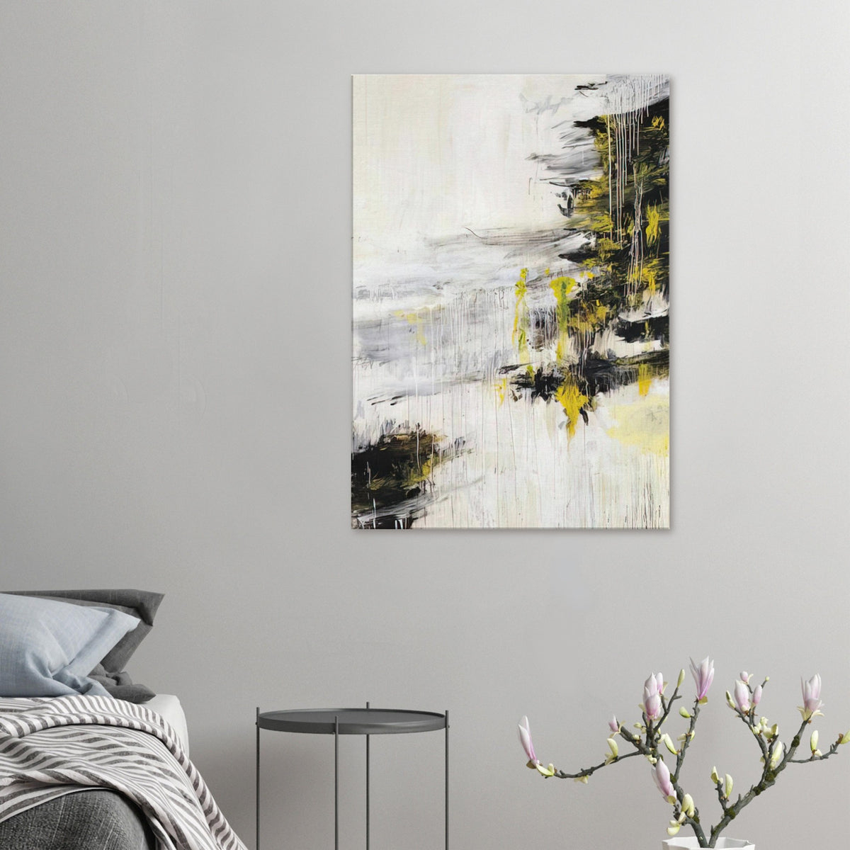 Quattro Stagioni II. Inverno by Cy Twombly, canvas print, bold black brushstrokes, flowing white and gray paint