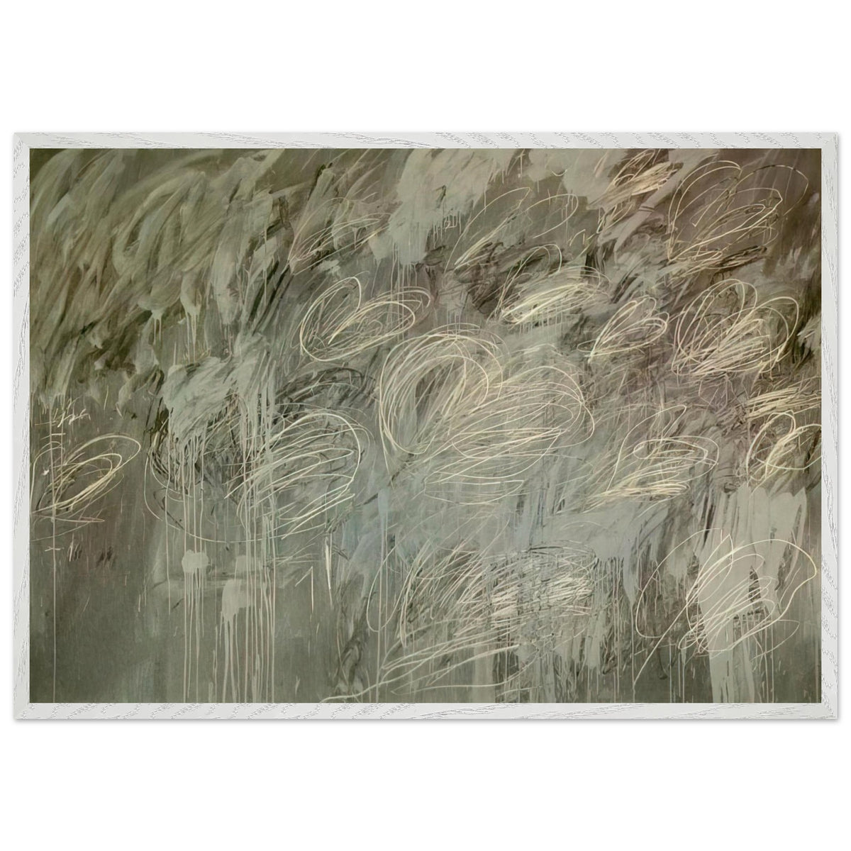 III Notes from Salalah (Note II) by Cy Twombly framed art print; featuring intricate ivory and pale gray looping lines across a richly layered background of muted olive green, gray; size 60 × 90 cm (24 × 36 in); wood frame.