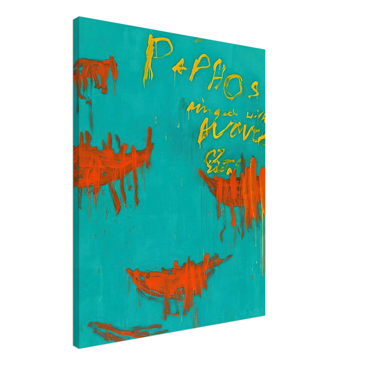 Leaving Paphos Ringed with Waves by Cy Twombly, canvas print, 50x70 cm / 20x28″; a rich turquoise background with energetic orange-red boat-like shapes and spontaneous yellow handwritten