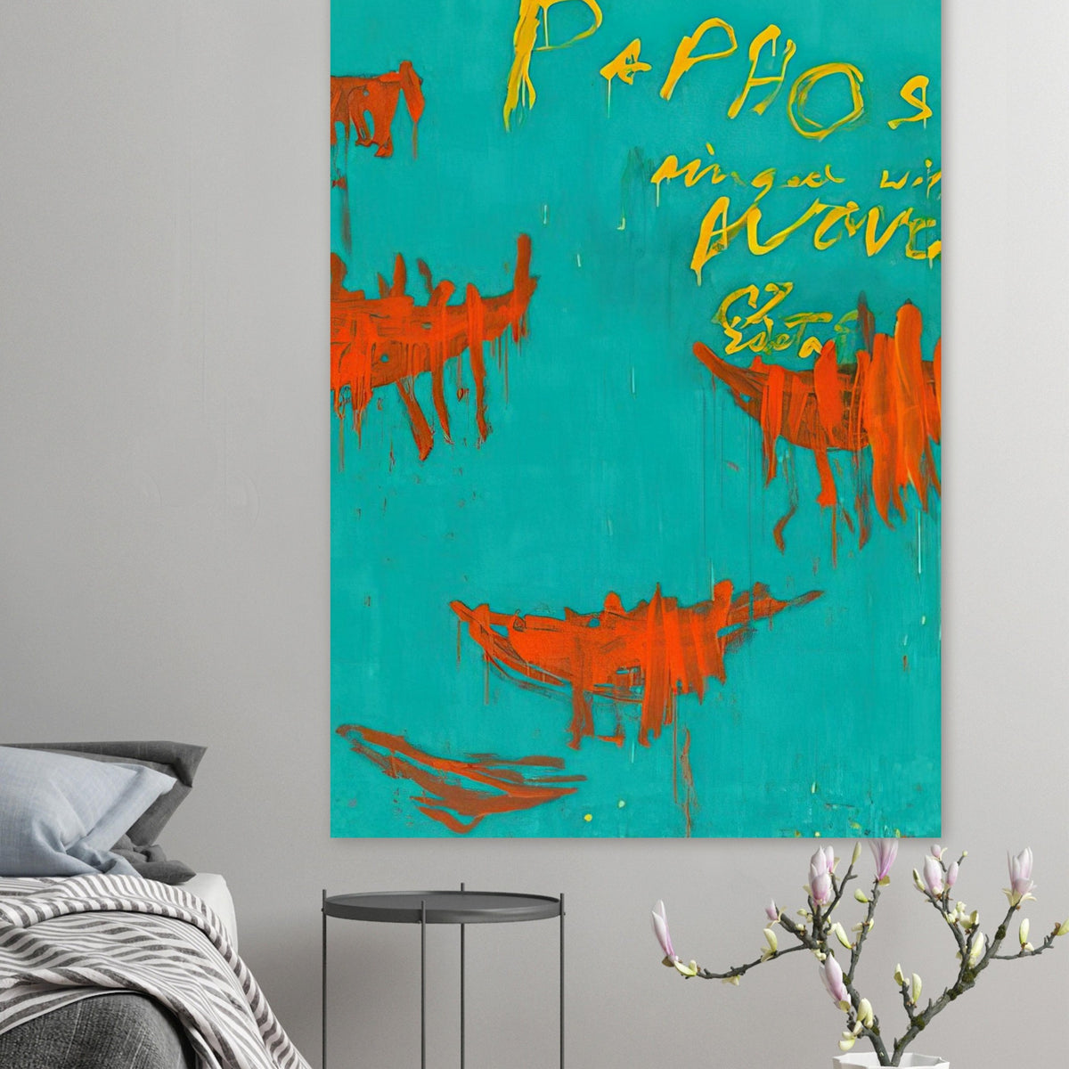 Leaving Paphos Ringed with Waves by Cy Twombly, poster; a rich turquoise background with energetic orange-red boat-like shapes and spontaneous yellow handwritten lettering