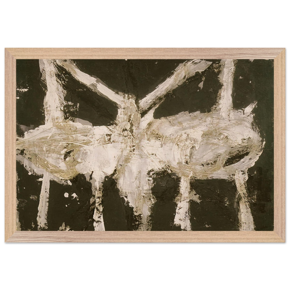 Min-Oe by Cy Twombly framed art print; featuring bold black and deep olive tones contrasted with expressive ivory and cream forms; size A1 (59.4 × 84.1 cm); wood frame.