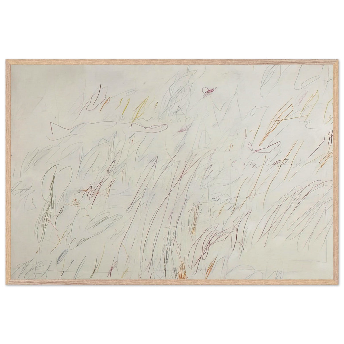 Sunset by Cy Twombly framed art print; featuring a soft ivory background covered with delicate pencil marks, flowing curves, spontaneous scribbles; size A1 (59.4 × 84.1 cm); wood frame.