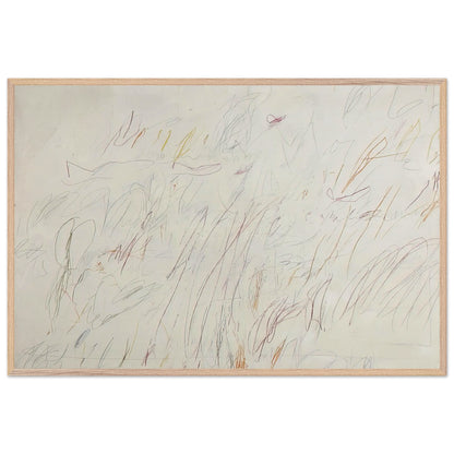 Sunset by Cy Twombly framed art print; featuring a soft ivory background covered with delicate pencil marks, flowing curves, spontaneous scribbles; size A1 (59.4 × 84.1 cm); wood frame.