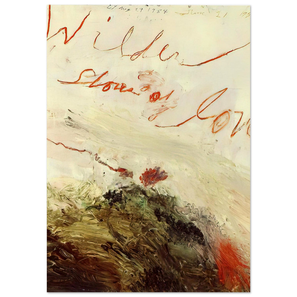 Wilder Shores of Love by Cy Twombly, poster, sweeping red and orange handwritten marks, delicate pencil lines, 100x150 cm (40x60 in)