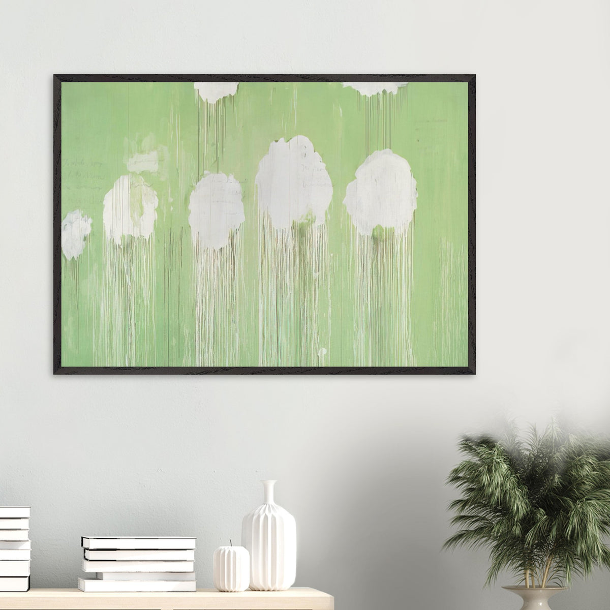 Untitled (Peony Blossom Painting) by Cy Twombly framed art print; featuring delicate white peony blossoms against a soft, luminous green background.