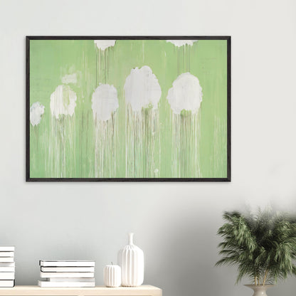 Untitled (Peony Blossom Painting) by Cy Twombly framed art print; featuring delicate white peony blossoms against a soft, luminous green background.