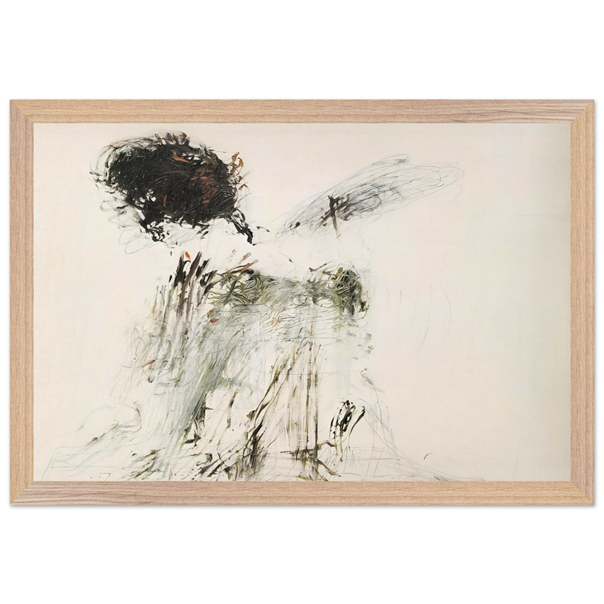 Ides of March by Cy Twombly framed art print; featuring a dramatic mass of black and dark brown marks in the upper-left area, delicate gray lines, earthy green accents; size 70 × 100 cm (28 × 40 in); white frame.