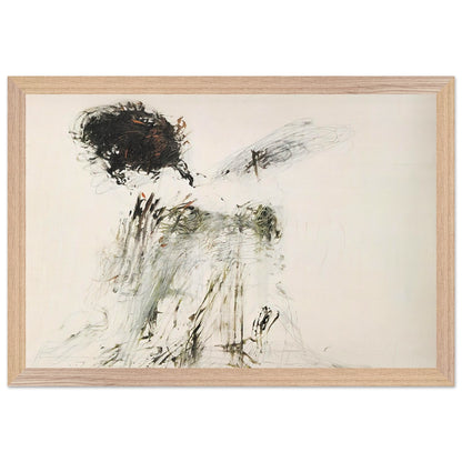 Ides of March by Cy Twombly framed art print; featuring a dramatic mass of black and dark brown marks in the upper-left area, delicate gray lines, earthy green accents; size 70 × 100 cm (28 × 40 in); white frame.